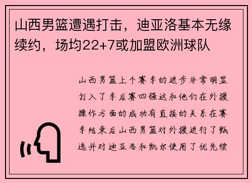 山西男篮遭遇打击,迪亚洛基本无缘续约,场均22+7或加盟欧洲球队